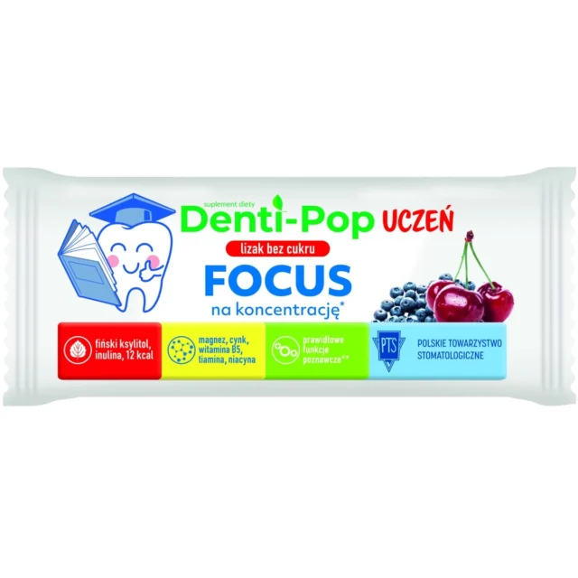 STARPHARMA Lizak bez cukru DENTI-POP UCZEŃ FOCUS o smaku wiśniowo-jagodowym