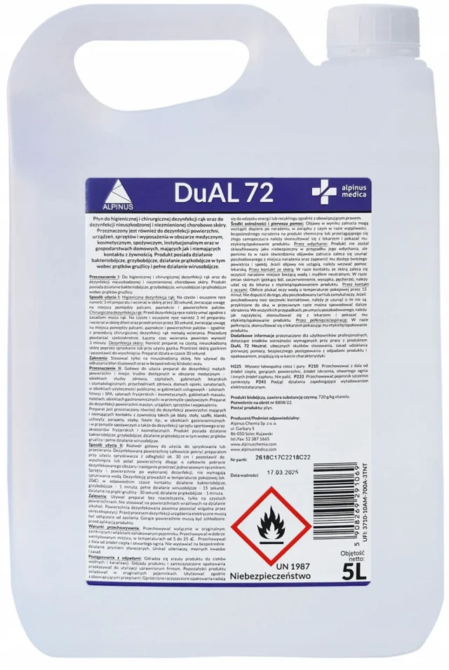 ALPINUS Płyn do dezynfekcji powierzchni i rąk DUAL72