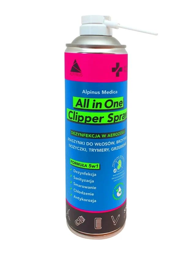 ALPINUS Aerozol do dezynfekcji narzędzi fryzjerskich i barberskich ALL IN ONE CLIPPER SPRAY 500 ml