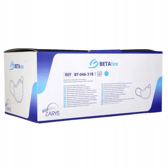 ZARYS Maska medyczna z gumkami niejałowa BETATEX Niebieska 50 sztuk